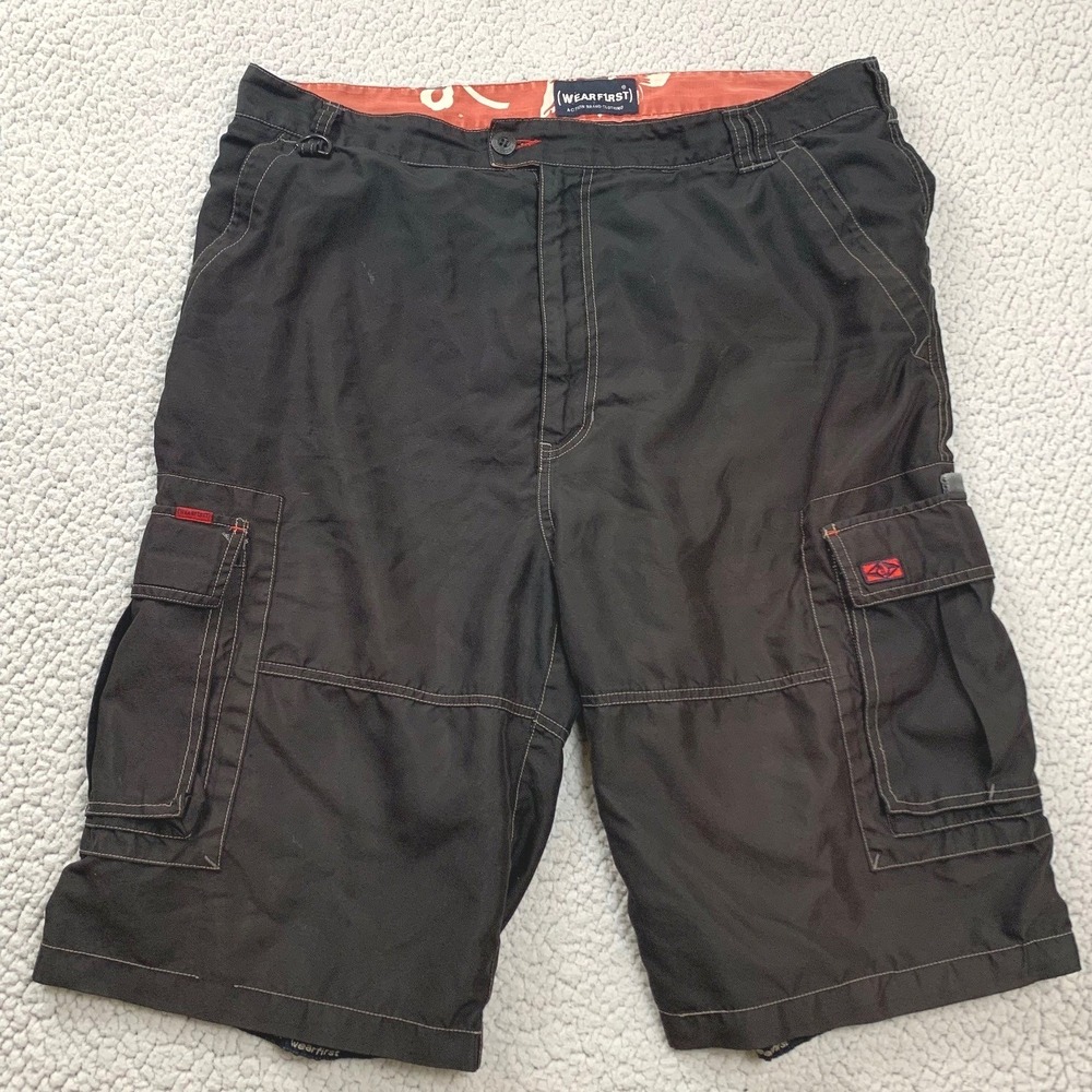 WearFirst Cargo Shorts Mens 38 Black Polyester Tropical Trim Utility Pocket